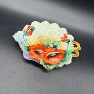 Antique Porcelain Dish Poppy Red Flowers Moritz Zdekauer MZ Austria Floral Gold